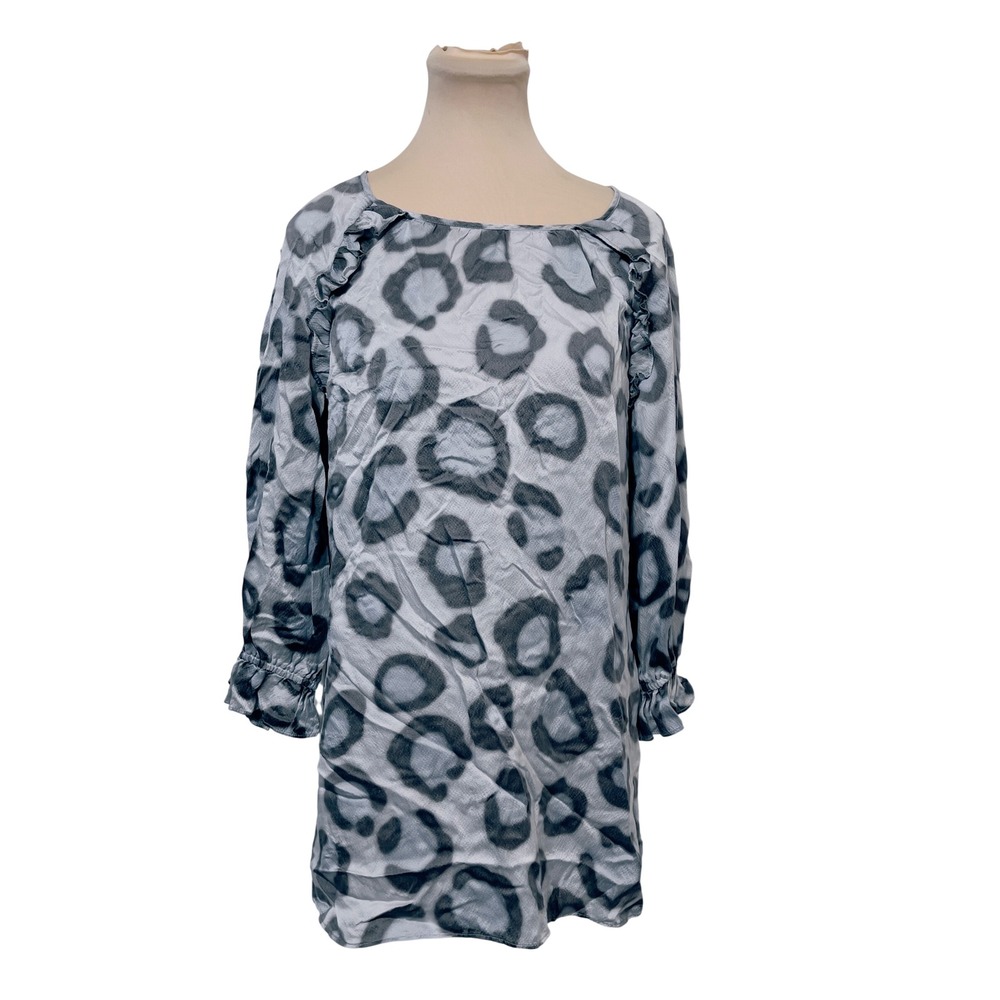 Etcetera Womens Silk Leopard Print Ruffle Blouse Size 8 Grey Money Modern Modest